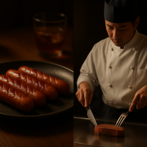 夜の食卓に並ぶシャウエッセンと、鉄板で焼かれるステーキ。伝統と革新をつなぐ瞬間。