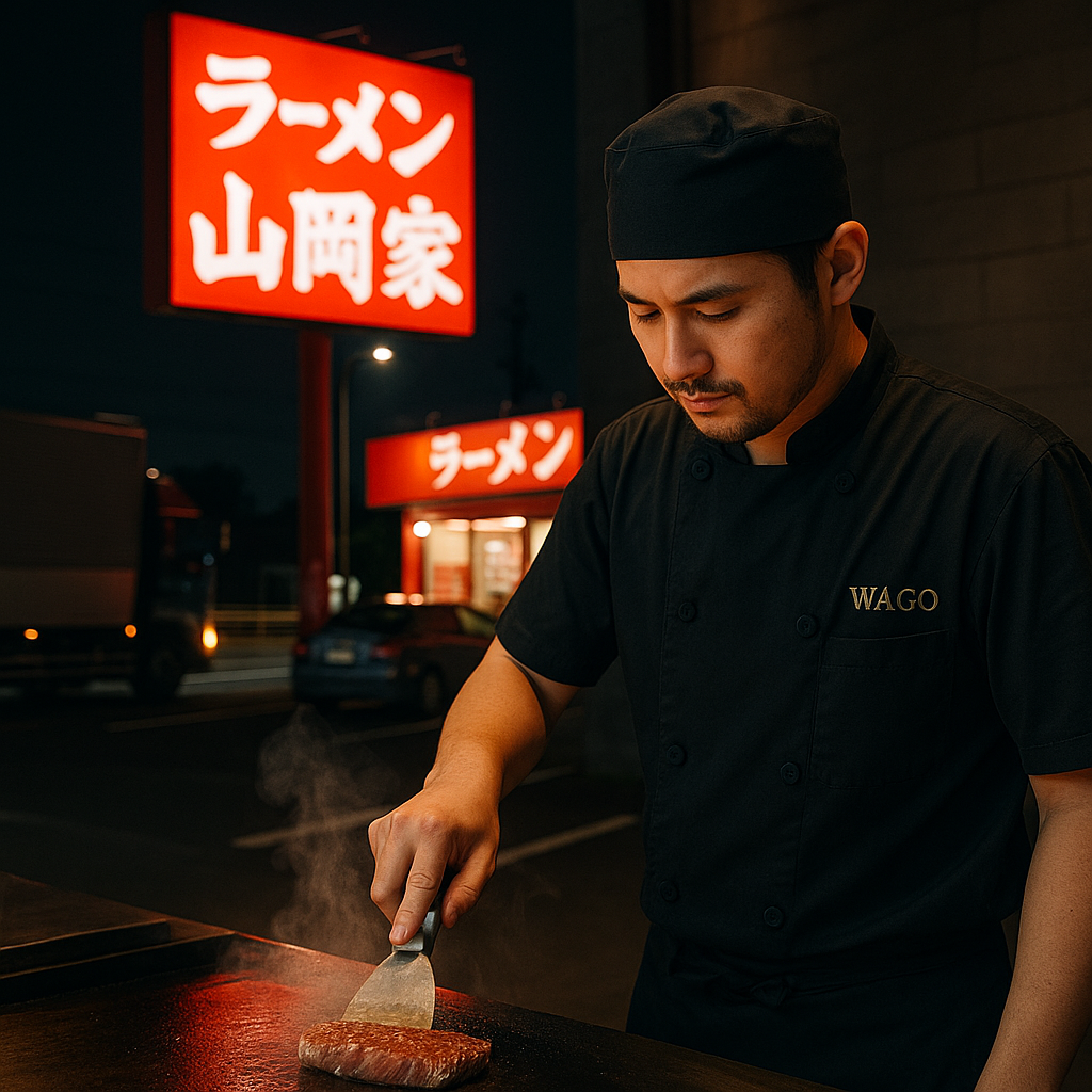 山岡家の赤い看板と、鉄板でステーキを焼くシェフりょう。熱気と誇りが交差する夜の実写風イメージ