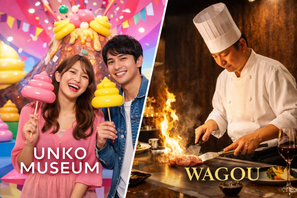 体験型エンタメ「うんこミュージアム」のカラフルな世界観と、鉄板で神戸牛を焼き上げるステーキハウス和豪の職人技を対比した実写風アイキャッチ画像