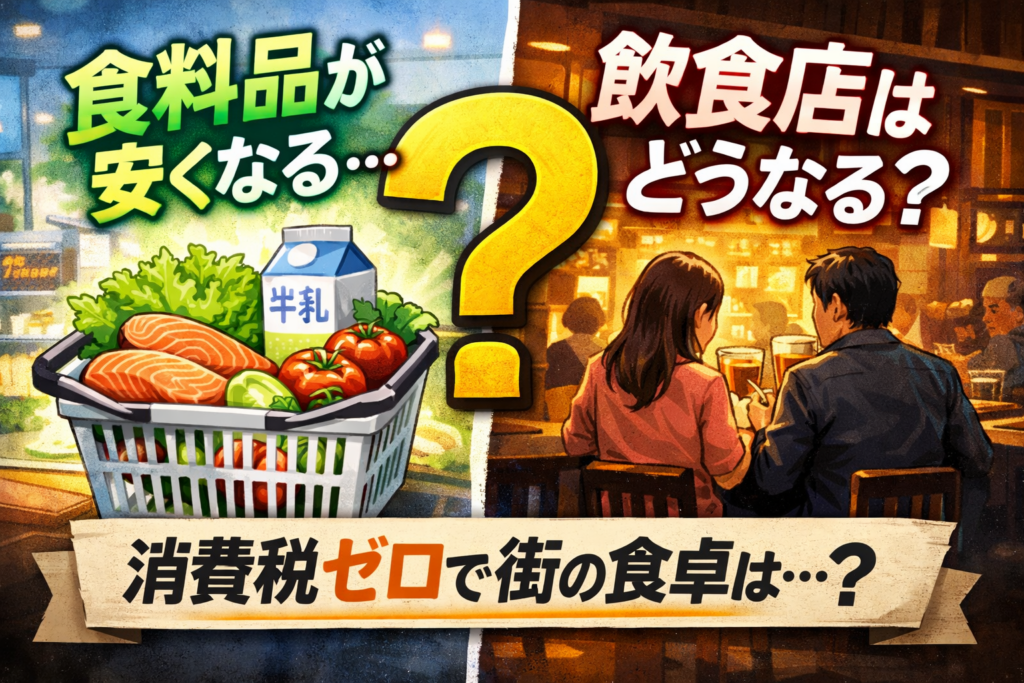 食料品が安くなる一方で、居酒屋で食事をする人々の姿を対比させ、消費税ゼロ政策が街の飲食店に与える影響を問いかけるイメージ