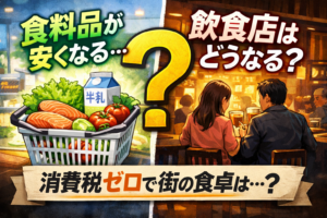 食料品が安くなる一方で、居酒屋で食事をする人々の姿を対比させ、消費税ゼロ政策が街の飲食店に与える影響を問いかけるイメージ