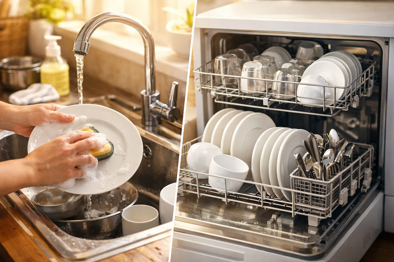手洗いと食洗機のコスト比較イメージ｜シンクで皿を洗う手と食洗機に並ぶ食器の対比