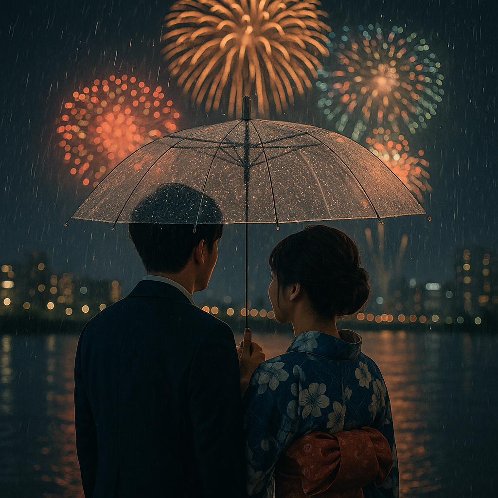 神戸牛の香りを胸に、雨の夜空に咲く淀川花火