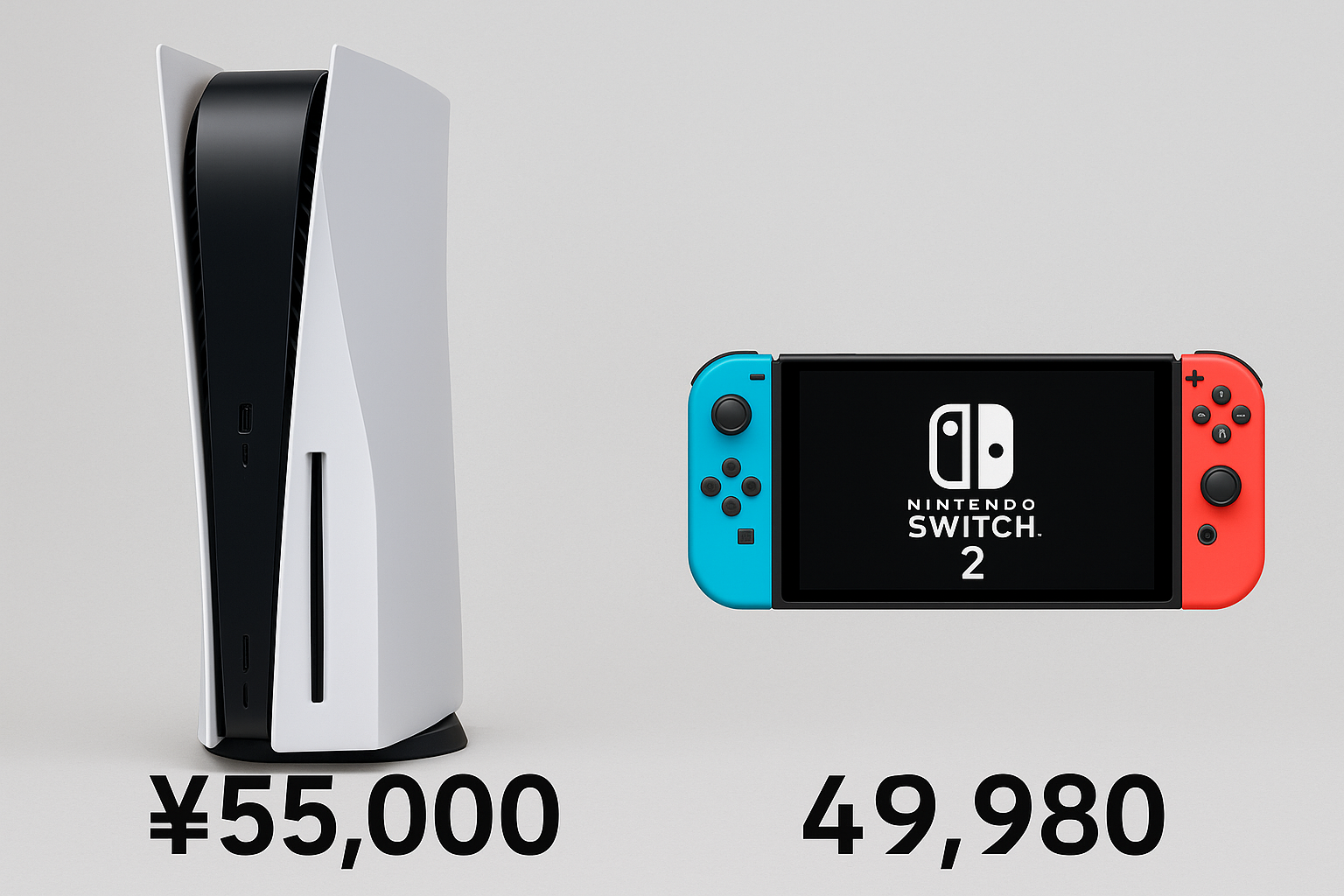 PS5（55,000円）とNintendo Switch2（49,980円）を並べて比較した実写風イメージ。両機種の価格差がわかりやすく示され、日本市場での価格競争を象徴する構図。