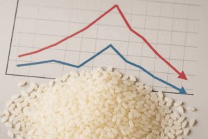 米価の推移グラフと山積みの白米が並ぶ写真。米が余り始めても価格下落がすぐ実感できない状況を表現したイメージ