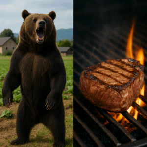 農家の畑を背景に威嚇の姿勢で立ち上がる熊と、鉄板でジューシーに焼かれるステーキを対比した実写風アイキャッチ画像。野生動物による農業被害と飲食店の食文化を象徴的に表現した構図。