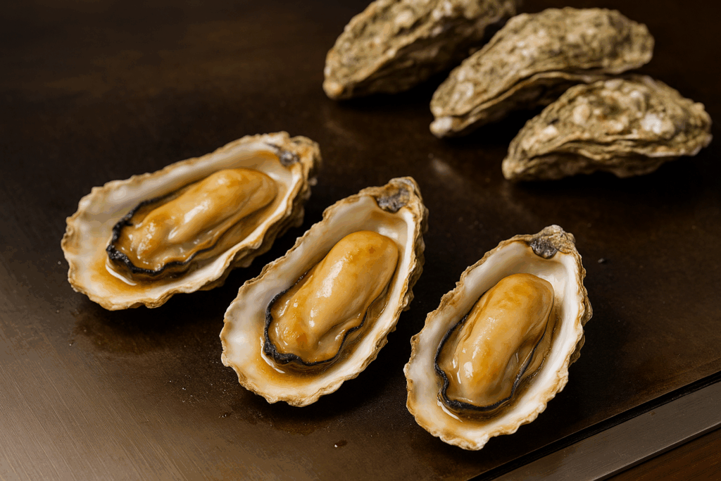 鉄板の上でふっくらと焼き上がった広島産牡蠣の鉄板焼きが3つ並び、奥には殻付きの生牡蠣が置かれた実写風のイメージ写真
