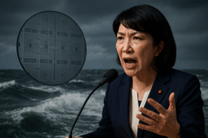荒れた海を背景に、半導体ウェハーが浮かび、その前で強い表情で答弁する高市風の女性政治家を描いた実写風アイキャッチ画像。日中関係の緊張や台湾有事、半導体問題など複合的な対立構造を象徴する構図。