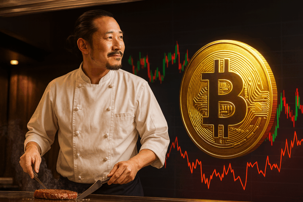 鉄板でステーキを焼くシェフ・りょうの安定した立ち姿と、乱高下するビットコインのチャートを対比させた実写風アイキャッチ画像