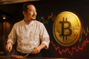 鉄板でステーキを焼くシェフ・りょうの安定した立ち姿と、乱高下するビットコインのチャートを対比させた実写風アイキャッチ画像