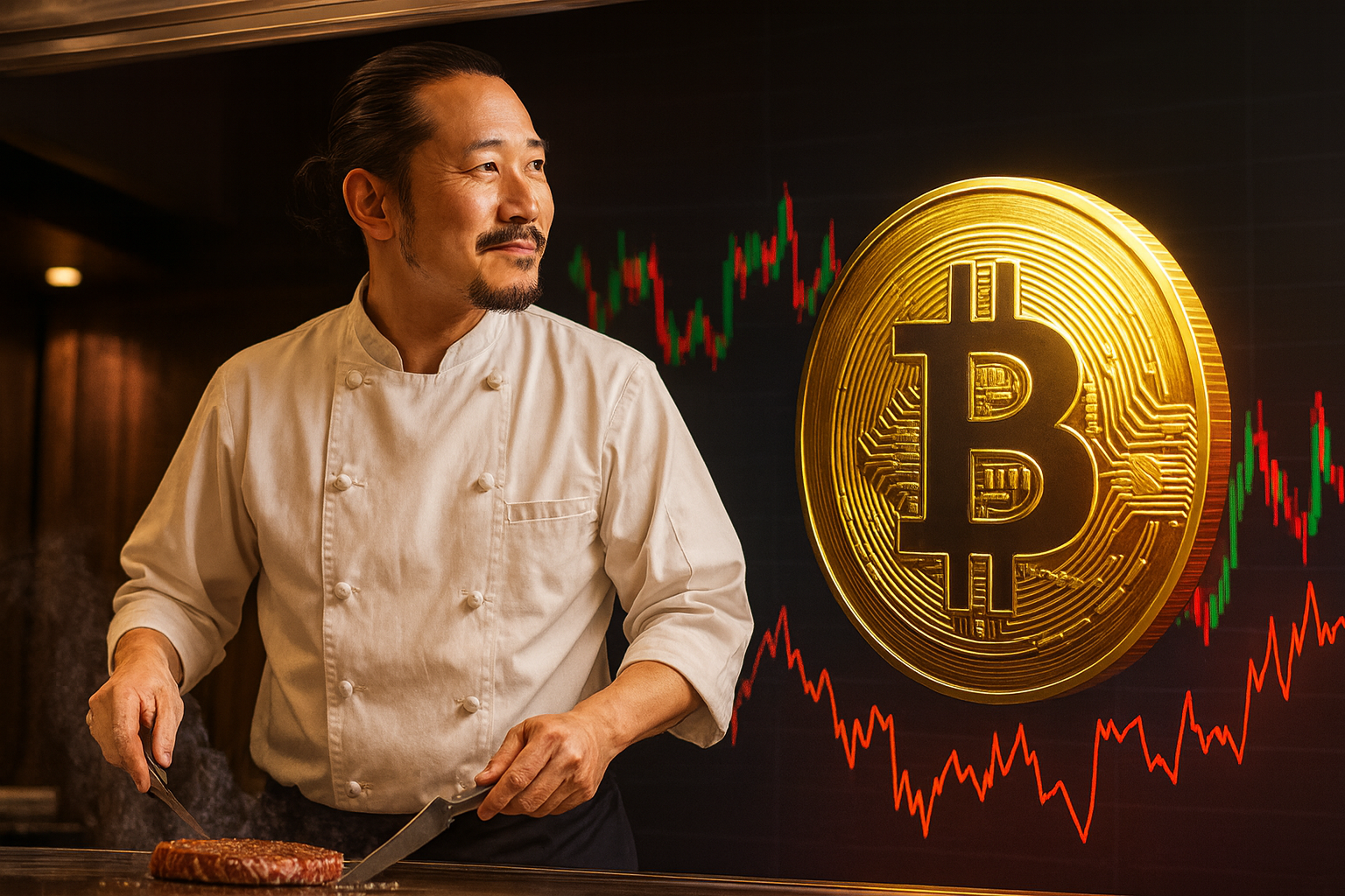 鉄板でステーキを焼くシェフ・りょうの安定した立ち姿と、乱高下するビットコインのチャートを対比させた実写風アイキャッチ画像
