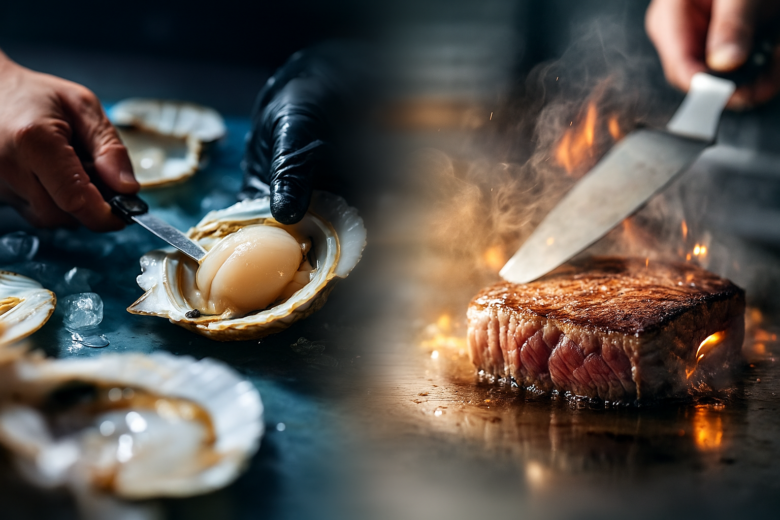 ホタテの加工風景と鉄板で焼かれるステーキを、中央を柔らかくぼかして対比させた実写風イメージ。鮮度の高いホタテと、炎を上げて焼き上がるステーキの臨場感を強調。