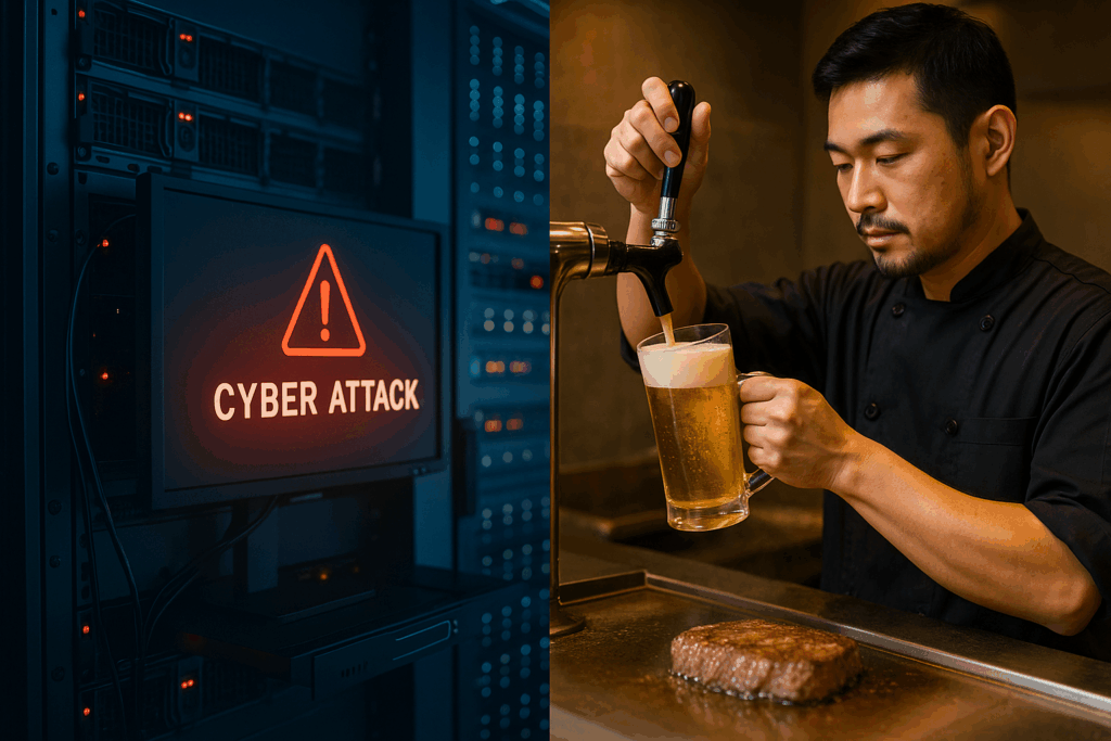 サイバー攻撃で警告が表示されたサーバールームと、鉄板前でビールを注ぐシェフが対比された実写風構図。デジタルトラブルと飲食店の安心感を象徴。