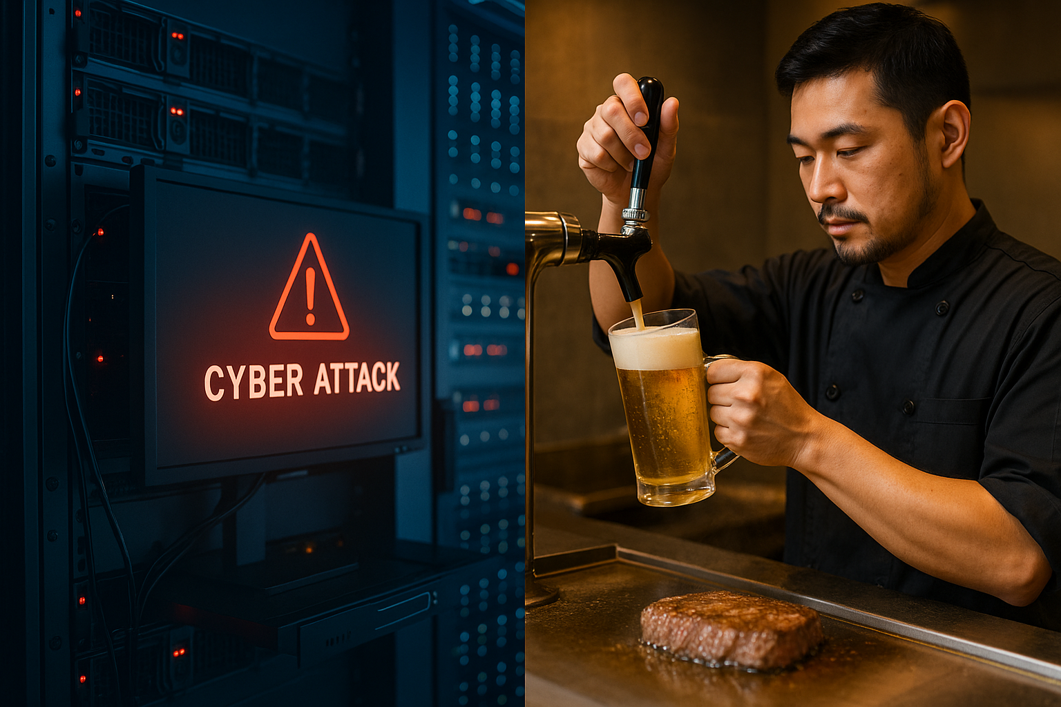 サイバー攻撃で警告が表示されたサーバールームと、鉄板前でビールを注ぐシェフが対比された実写風構図。デジタルトラブルと飲食店の安心感を象徴。