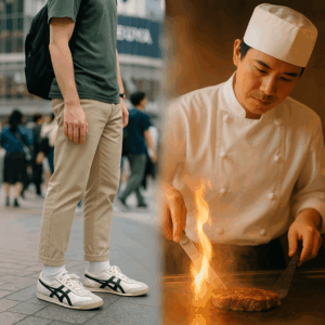 渋谷の街でオニツカタイガーを履く外国人観光客と、白いコックコート姿のシェフりょうが鉄板でステーキを焼く姿を対比。境界が自然にぼかされ、都会のクールさと職人技の熱気が融合した実写風イメージ