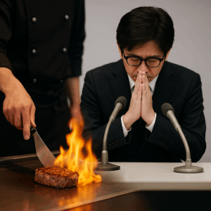 涙を流して頭を下げる男性と、鉄板の上で炎を上げながらステーキを焼くシェフの姿を対比。ぼかされた境界が“コンプライアンスと人間の尊厳”を象徴する実写風構図。