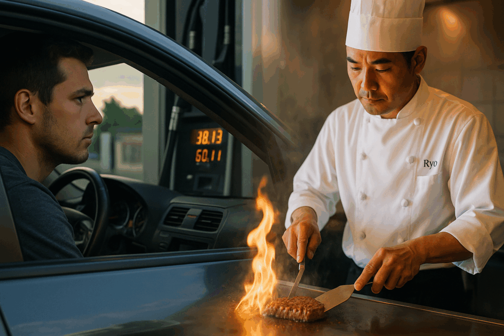 ガソリンスタンドで給油メーターを見つめるドライバーと、鉄板でステーキを焼くシェフ“りょう”が対比された実写風構図。境界がぼかされ、炎と金属の輝きが交錯し、時代の変化と職人の情熱を象徴している。