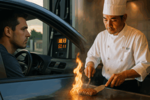 ガソリンスタンドで給油メーターを見つめるドライバーと、鉄板でステーキを焼くシェフ“りょう”が対比された実写風構図。境界がぼかされ、炎と金属の輝きが交錯し、時代の変化と職人の情熱を象徴している。