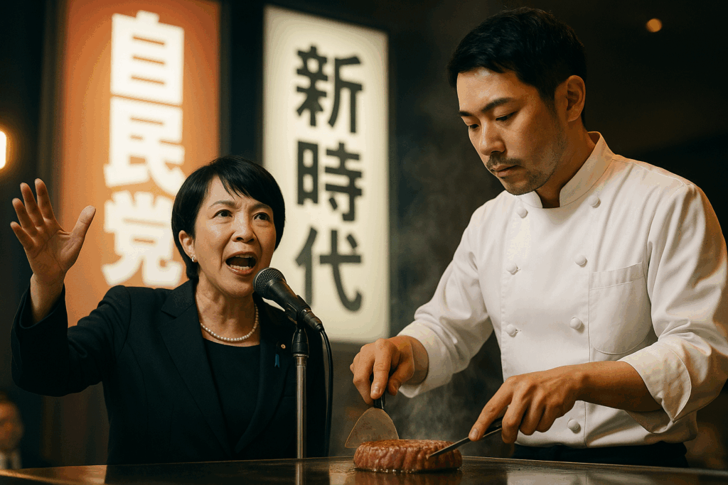 演説する政治家と鉄板でステーキを焼くシェフりょうが対比する実写風構図。伝える熱意を象徴するイメージ。