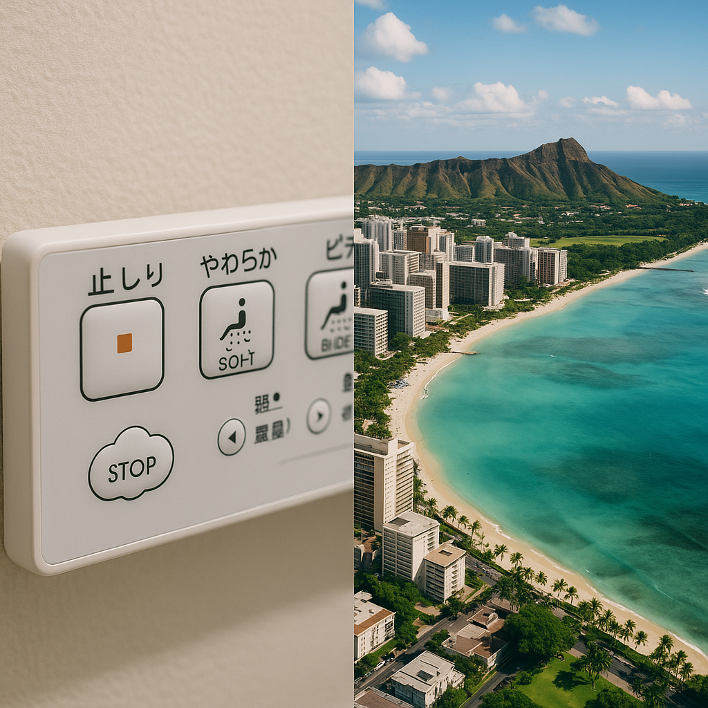 上空から見たハワイ・ワイキキの街並みと、近景に映るウォシュレットの操作パネルを対比。日本の清潔文化が世界に広がる象徴を表す実写風構図。左に“止・やわらか・ビデ”などのボタン、右にターコイズブルーの海とダイヤモンドヘッドが広がる。