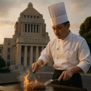 国会議事堂を背景に、シェフりょうが鉄板でステーキを焼く様子を対比的に描いた実写風イメージ。政治の熱気と現場の熱を重ね合わせ、境界をぼかして表現した構図