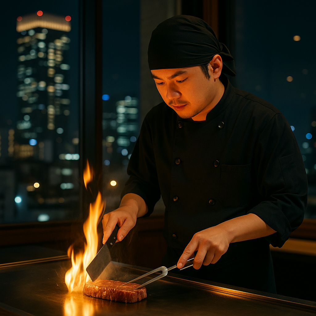 ステーキハウス和豪のシェフりょうが鉄板でステーキを焼く姿。変わらぬ味を守る決意を象徴する実写風構図
