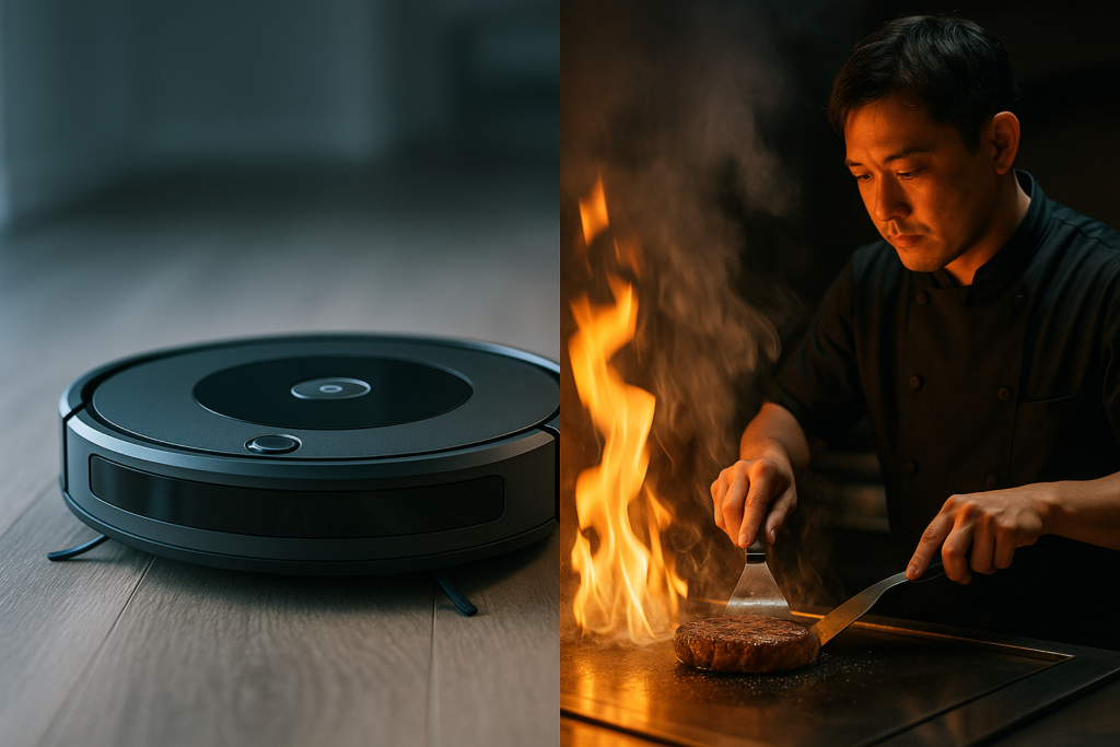 AIロボット掃除機と職人シェフの対比、テクノロジーと手仕事の象徴