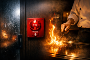 鉄板の上で制御された炎を扱うシェフの手元と、非常ボタンが設置された暗い個室サウナを対比させたアイキャッチ画像。赤坂サウナ火災をきっかけに、安全管理の重要性を考える内容を象徴している。