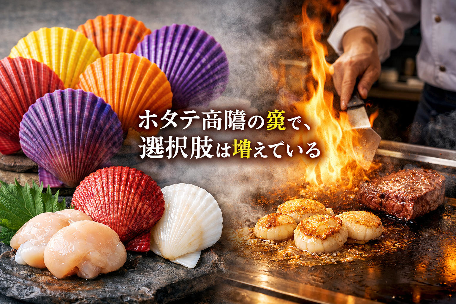 ホタテ高騰を背景に注目されるヒオウギガイとツキヒガイの貝殻と貝柱、鉄板で焼かれるホタテとステーキを対比した和豪ブログ用アイキャッチ画像