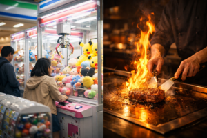 クレーンゲームが並ぶ日本のコンビニ店内と、鉄板でステーキを焼くステーキハウス和豪の調理風景を左右対比で描いた体験型消費のイメージ