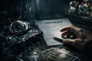 高級腕時計シェアリングサービス「トケマッチ」事件を象徴する、割れたガラス越しの腕時計と契約書。信頼と契約の危うさを考えさせるイメージ