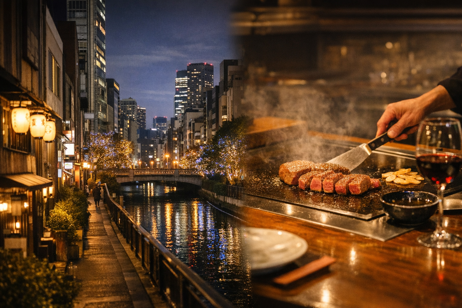 年末の大阪・北新地の静かな夜景と、鉄板の上で焼き上げられるステーキを対比させた、年の瀬の空気感を伝えるアイキャッチ画像