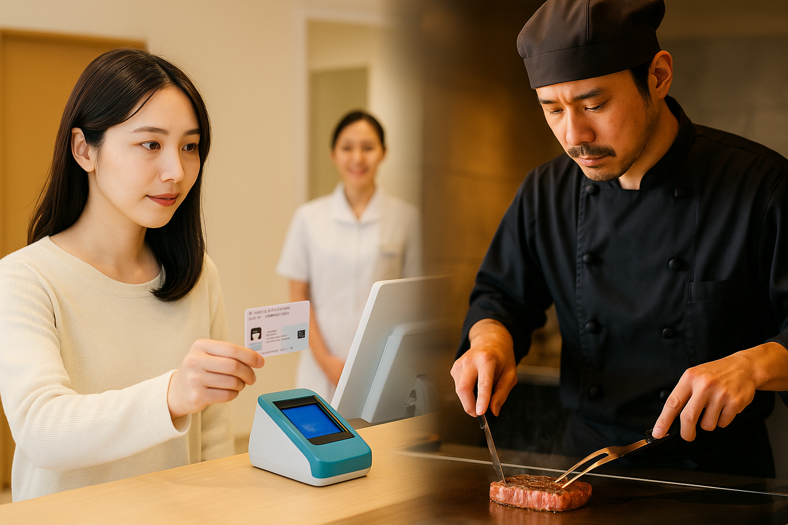 病院の受付でマイナ保険証をかざす女性と、鉄板でステーキを焼くシェフりょう。デジタル信頼と職人技が交差する対比構図。柔らかいボケで医療と料理の“安心”を象徴。