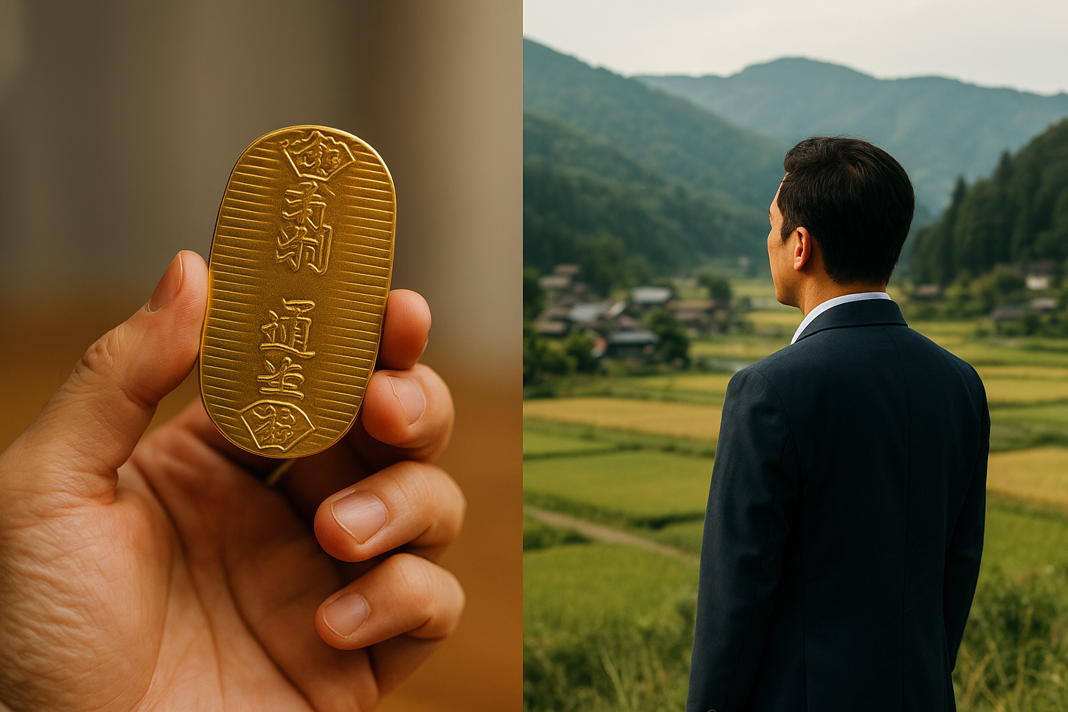 純金小判を手にする人物の手と、山あいのふるさとを見つめるスーツ姿の男性を対比させた実写風構図。中央を柔らかくぼかし、金銭的優遇と心のふるさとの価値観の違いを象徴的に表現