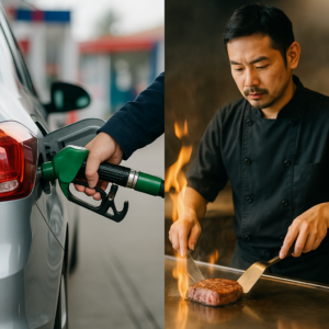 ガソリンスタンドで車に給油する手元と、鉄板でステーキを焼くシェフ“りょう”の姿を対比。燃料のエネルギーと料理の熱を重ね合わせた実写風構図。