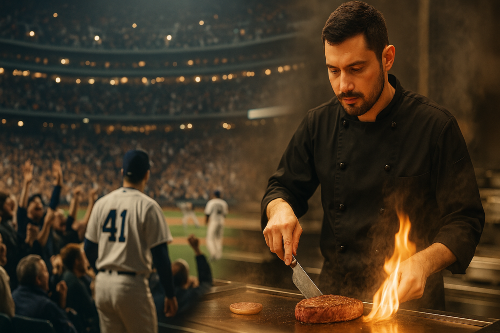 スタジアムの熱気と鉄板焼きの臨場感を対比した実写風構図。シェフりょうがステーキを焼く瞬間と観客の歓声が交錯する。