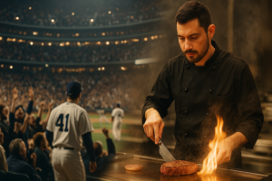 スタジアムの熱気と鉄板焼きの臨場感を対比した実写風構図。シェフりょうがステーキを焼く瞬間と観客の歓声が交錯する。