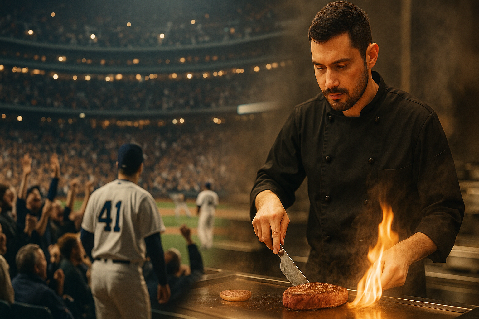 スタジアムの熱気と鉄板焼きの臨場感を対比した実写風構図。シェフりょうがステーキを焼く瞬間と観客の歓声が交錯する。
