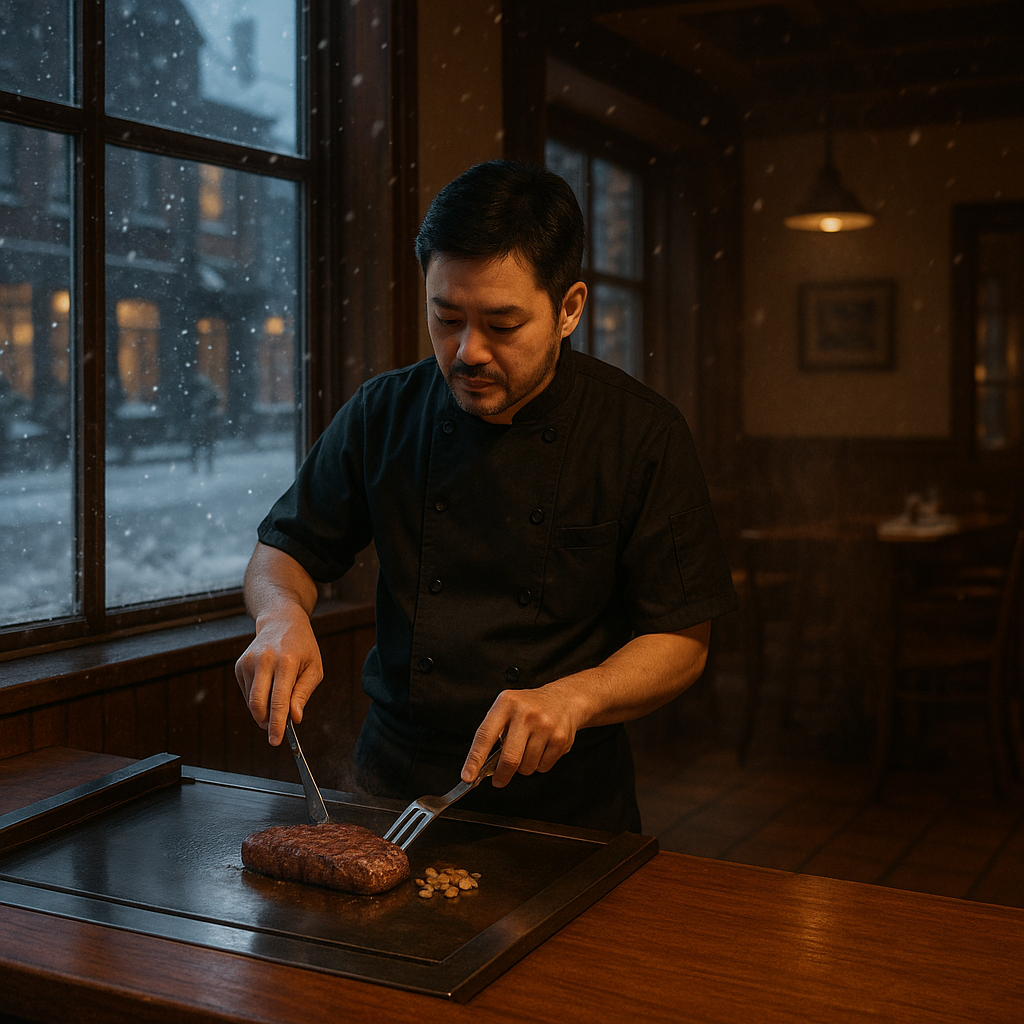 雪が降る外を背に、鉄板でステーキを焼くシェフりょう。店内は温かい光に包まれ、冬の寒さと鉄板の熱が対比する実写風シーン