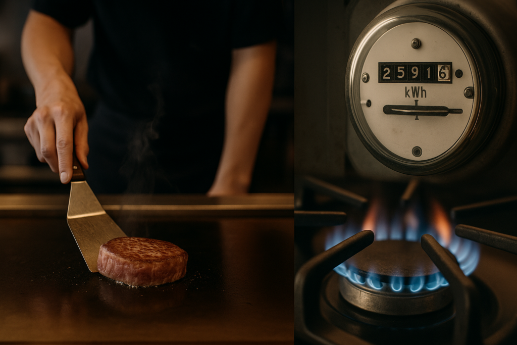 鉄板で焼くステーキとガスの炎を対比。物価高対策と生活支援の温もりを象徴する一枚。
