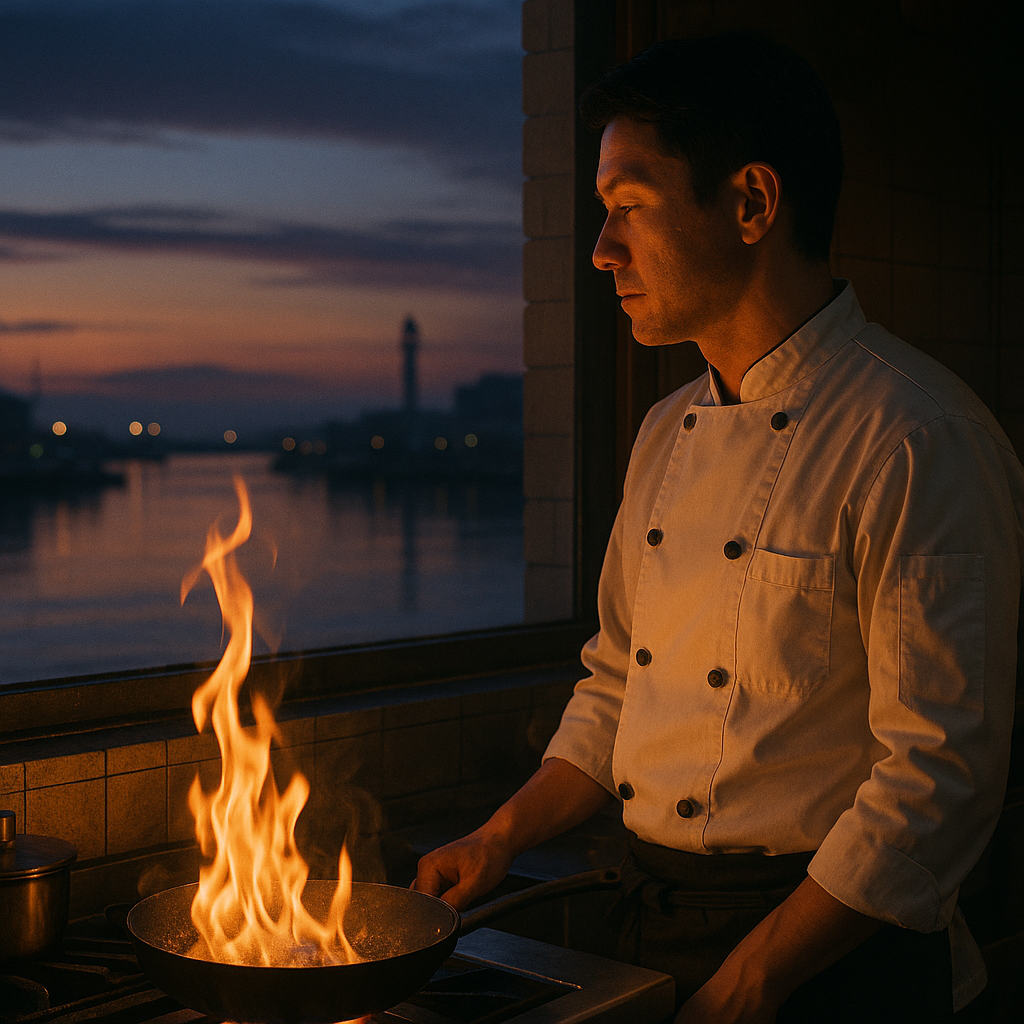 夜明けの港町を背景に、ステーキハウス和豪のシェフ“りょう”が厨房で炎を見つめる姿。穏やかな海と朝焼けの光に包まれ、祈りと再生を象徴する実写風構図。