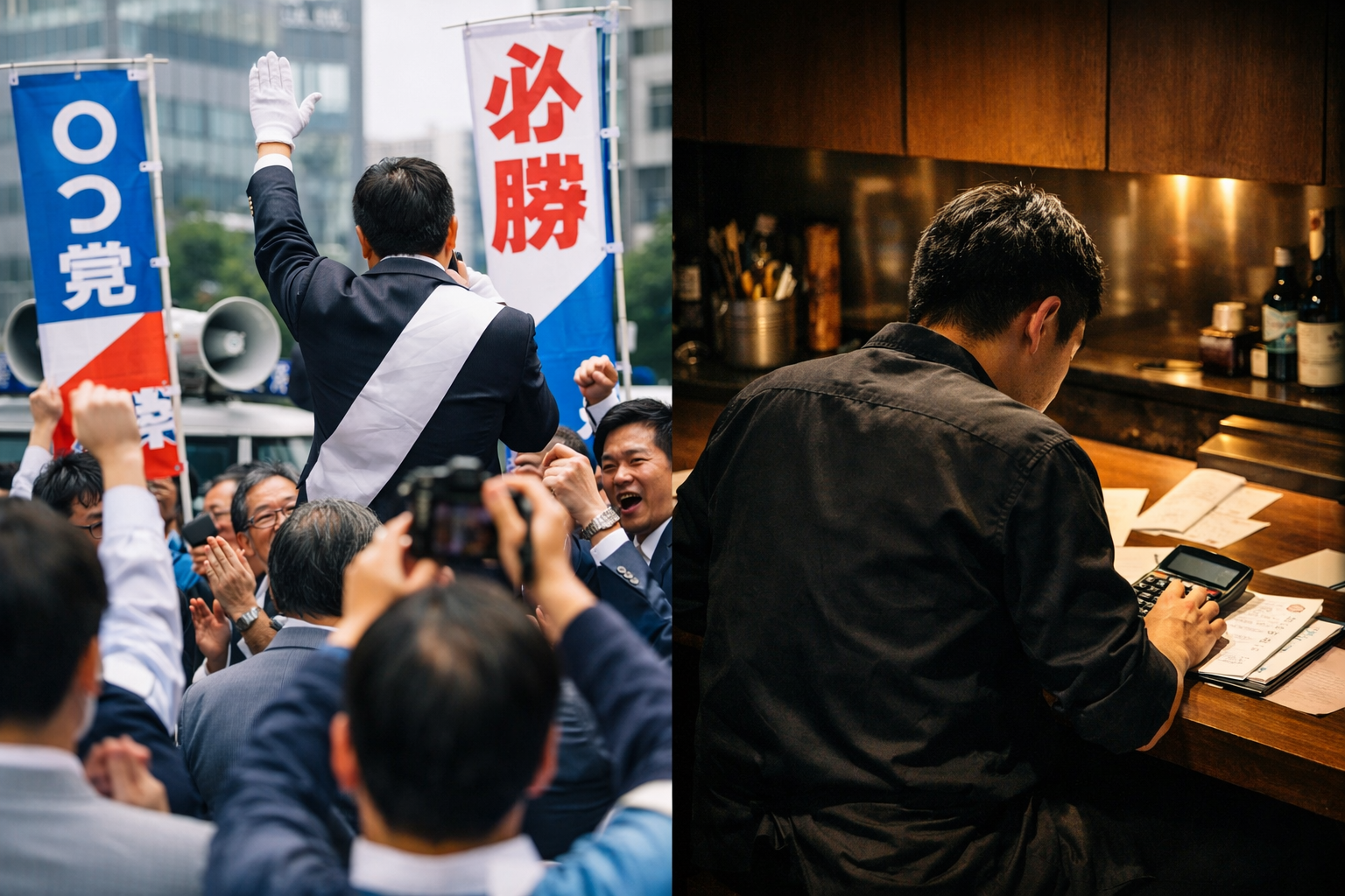 街頭で選挙活動が行われる風景と、店内で経費計算に向き合うステーキハウス和豪のシェフ「りょう」の後ろ姿を対比させたイメージ