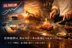 世界情勢を象徴するニュース背景と、落ち着いた雰囲気の鉄板焼きカウンターで焼かれるステーキの対比イメージ