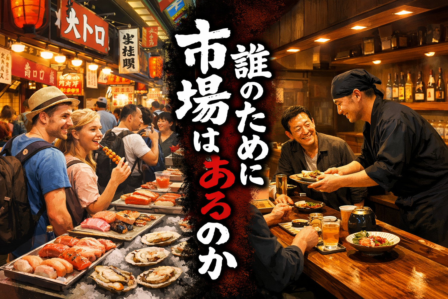 外国人観光客で賑わう市場の風景と、落ち着いた店内で料理を提供する料理人と常連客を左右に対比させ、『市場は誰のためにあるのか』と問いかけるビジュアル