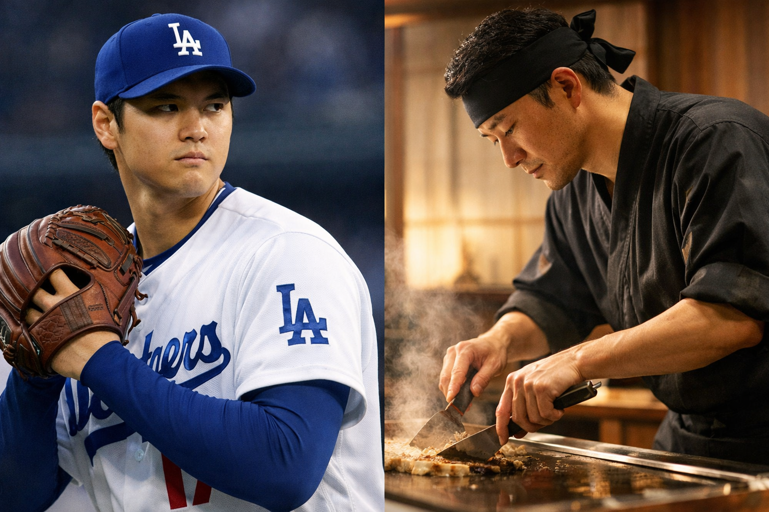 大谷翔平と和豪の料理人りょうが、それぞれの現場で静かに仕事へ向き合う姿を対比させ、日本的価値観の強さと誠実さを表現したイメージ