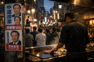選挙ポスターが並ぶ大阪の街並みと、鉄板で静かに肉を焼くステーキハウスの料理人。荒れる選挙と変わらない日常を対比したビジュアル