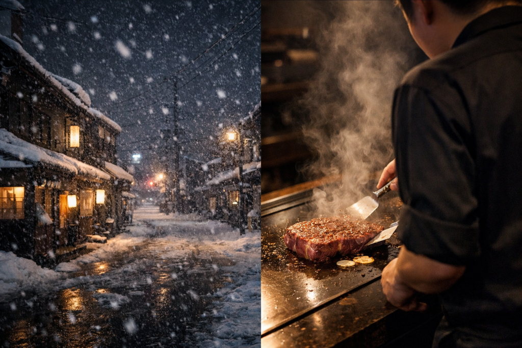 寒波で静まる街と、鉄板の上で焼かれるステーキを対比したステーキハウス和豪のイメージ