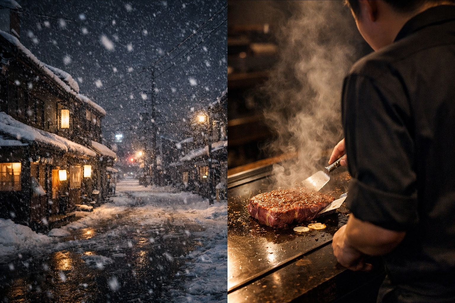 寒波で静まる街と、鉄板の上で焼かれるステーキを対比したステーキハウス和豪のイメージ