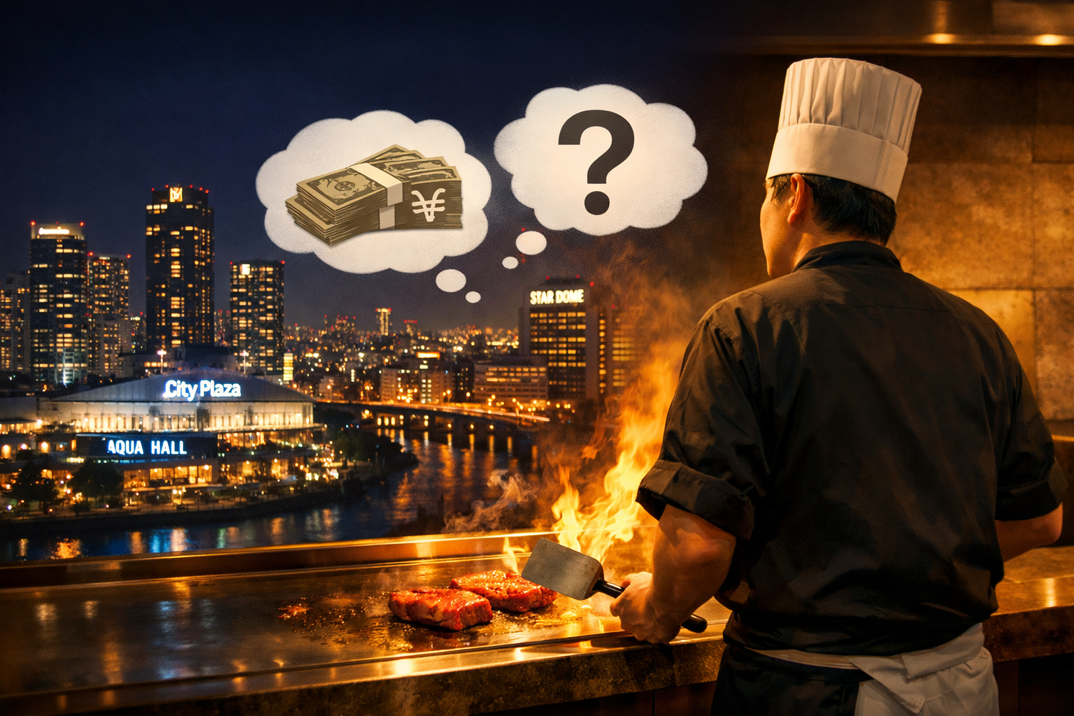 大阪の夜景と鉄板焼きの風景を背景に、ネーミングライツという街の話題を雑談目線で考えるステーキハウス和豪のアイキャッチ画像