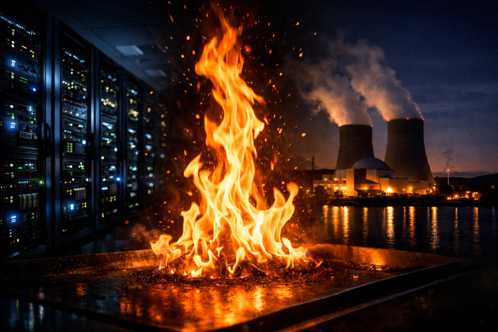 AI時代の電力需要増加を背景に再稼働した柏崎刈羽原子力発電所と、安定供給の象徴としての炎を対比したイメージ